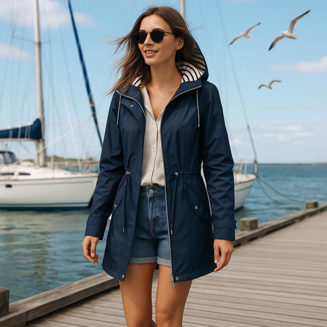 Damen wasserdichter Parka – Verstellbare Passform und gestreifte Kapuze für stilvollen Regenschutz