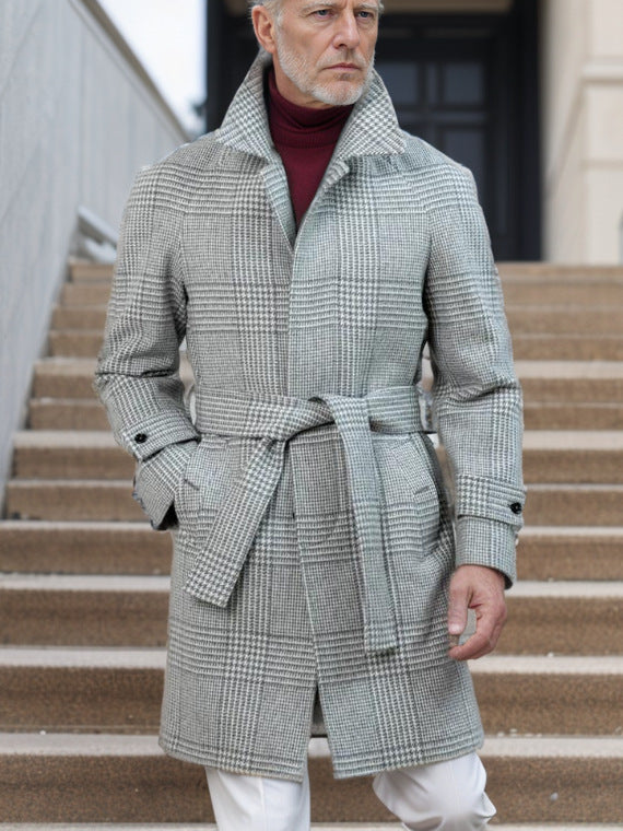 Herren Karomantel mit Taillengürtel – Eleganter Wollmantel für Herbst und Winter