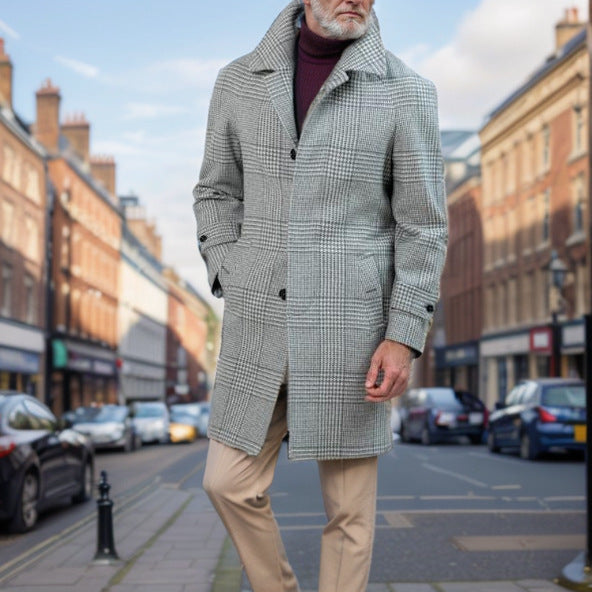 Herren Karomantel mit Taillengürtel – Eleganter Wollmantel für Herbst und Winter