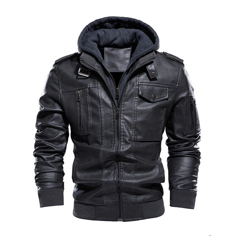 Herren Stilvolle und bequeme Lederjacke mit abnehmbarer Kapuze