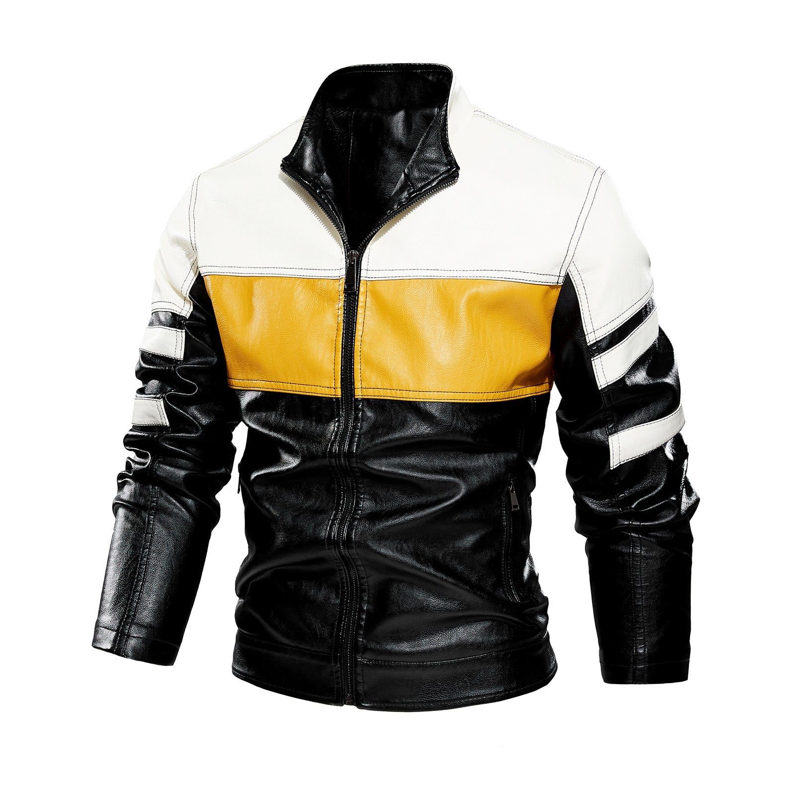 Herren modische Bikerjacke aus Lederimitat mit kontrastierenden Farbpanelen