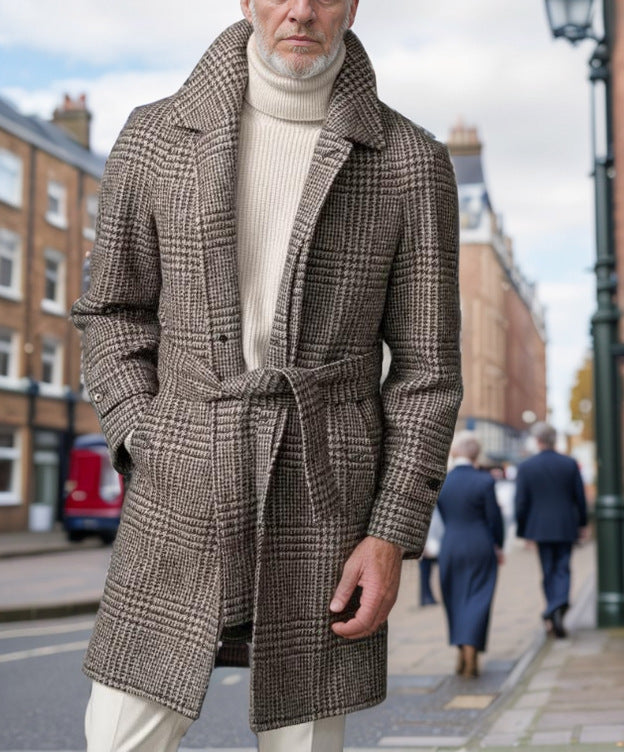 Herren Karomantel mit Taillengürtel – Eleganter Wollmantel für Herbst und Winter