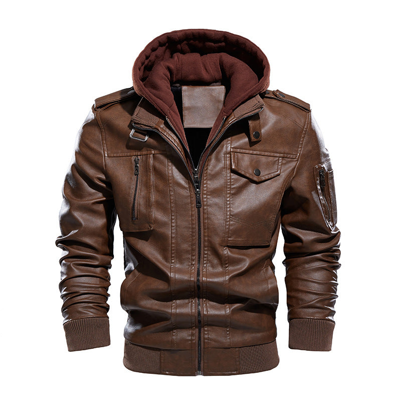 Herren Stilvolle und bequeme Lederjacke mit abnehmbarer Kapuze