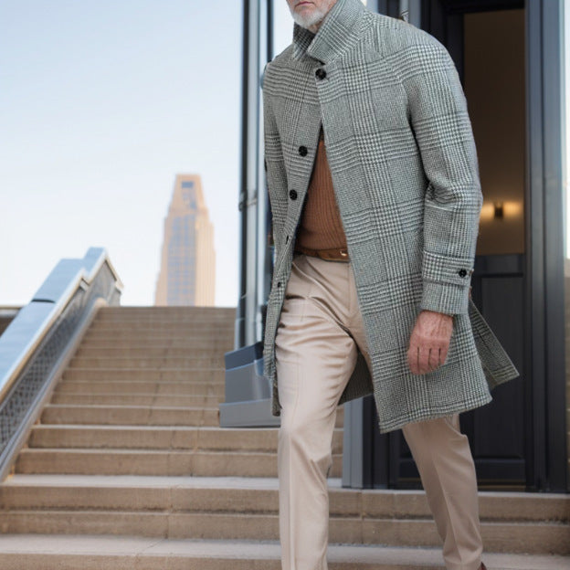 Herren Karomantel mit Taillengürtel – Eleganter Wollmantel für Herbst und Winter
