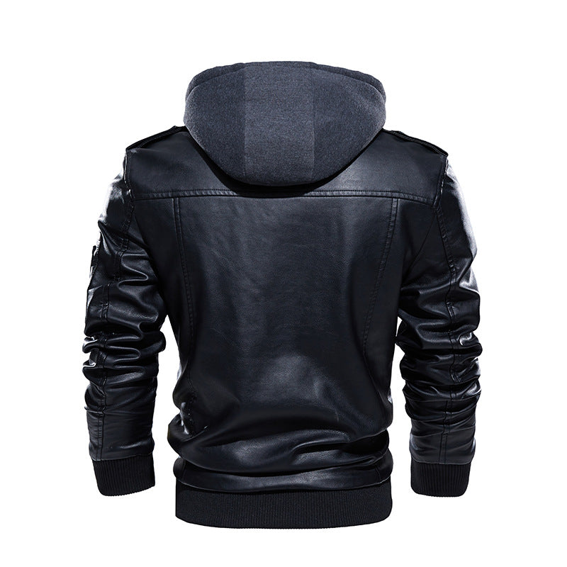 Herren Stilvolle und bequeme Lederjacke mit abnehmbarer Kapuze