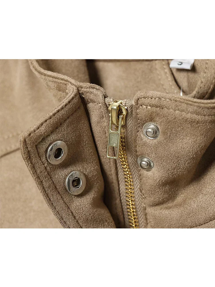 Damen Bomberjacke im Retro-Stil – Wildlederoptik mit Taschen und offenem Kragen