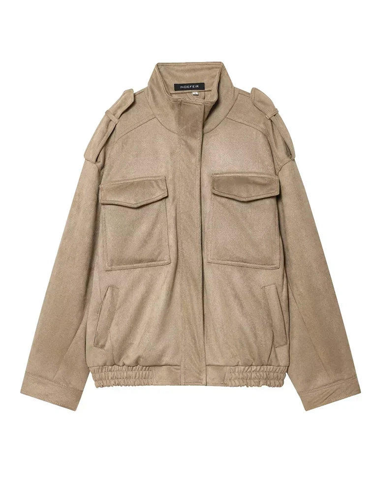 Damen Bomberjacke im Retro-Stil – Wildlederoptik mit Taschen und offenem Kragen