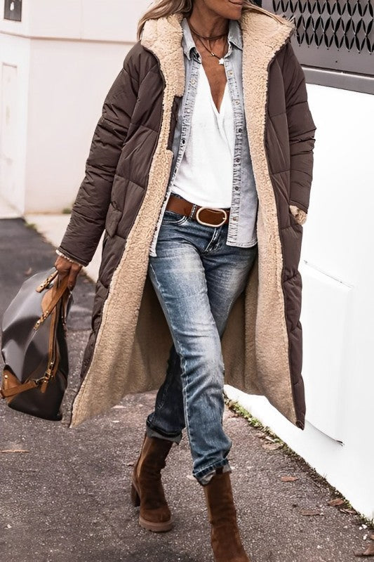 Damen langer Wintermantel – Bequemer, wendbarer Mantel mit Teddyfutter und Kapuze