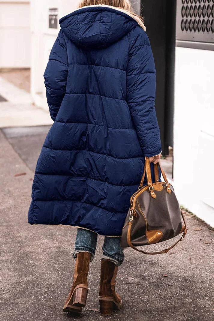 Damen langer Wintermantel – Bequemer, wendbarer Mantel mit Teddyfutter und Kapuze