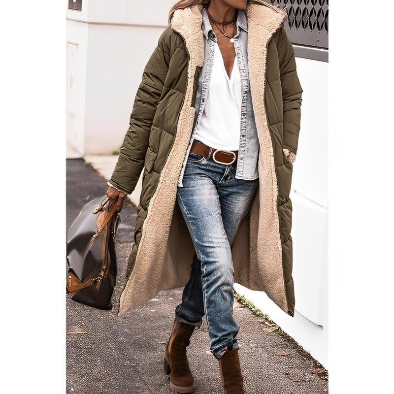 Damen langer Wintermantel – Bequemer, wendbarer Mantel mit Teddyfutter und Kapuze