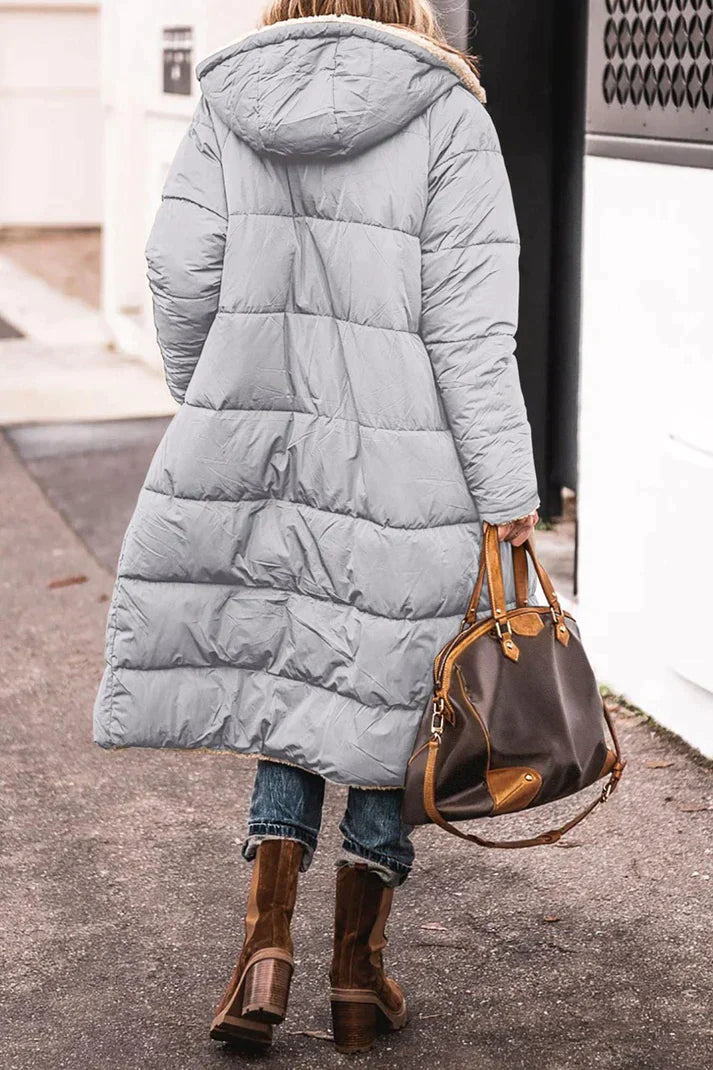 Damen langer Wintermantel – Bequemer, wendbarer Mantel mit Teddyfutter und Kapuze
