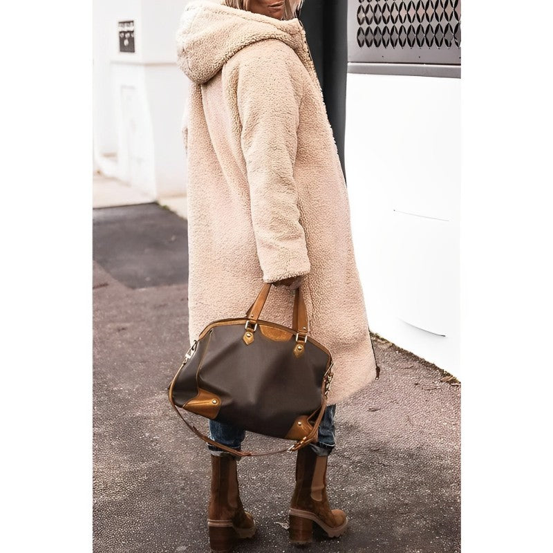 Damen langer Wintermantel – Bequemer, wendbarer Mantel mit Teddyfutter und Kapuze