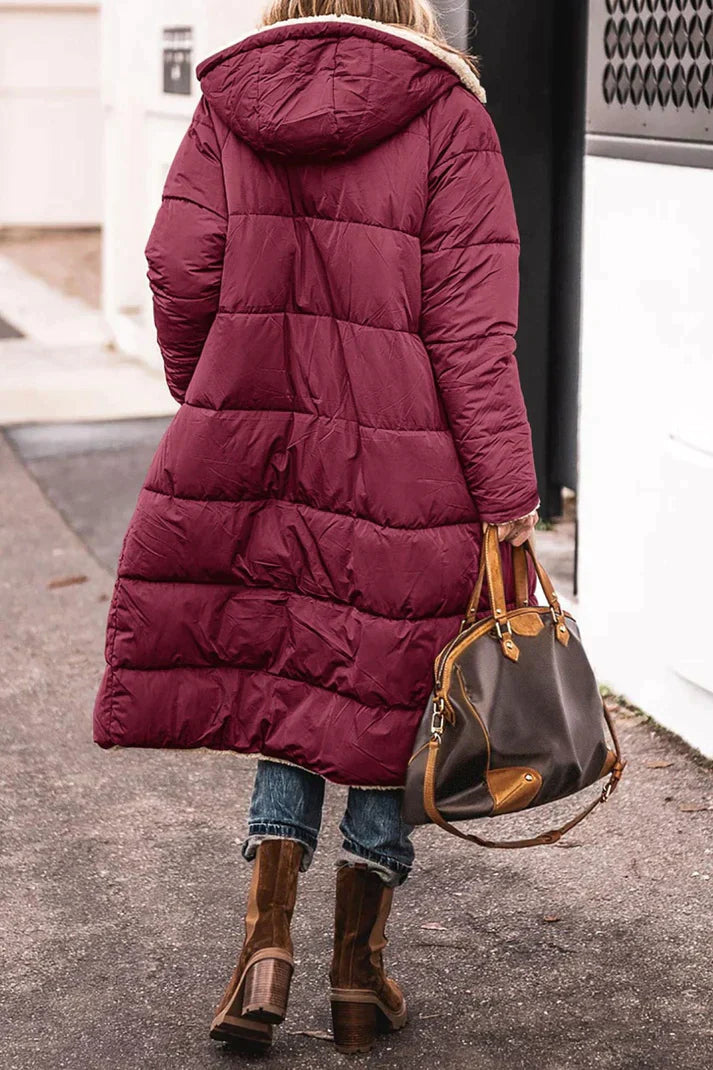 Damen langer Wintermantel – Bequemer, wendbarer Mantel mit Teddyfutter und Kapuze