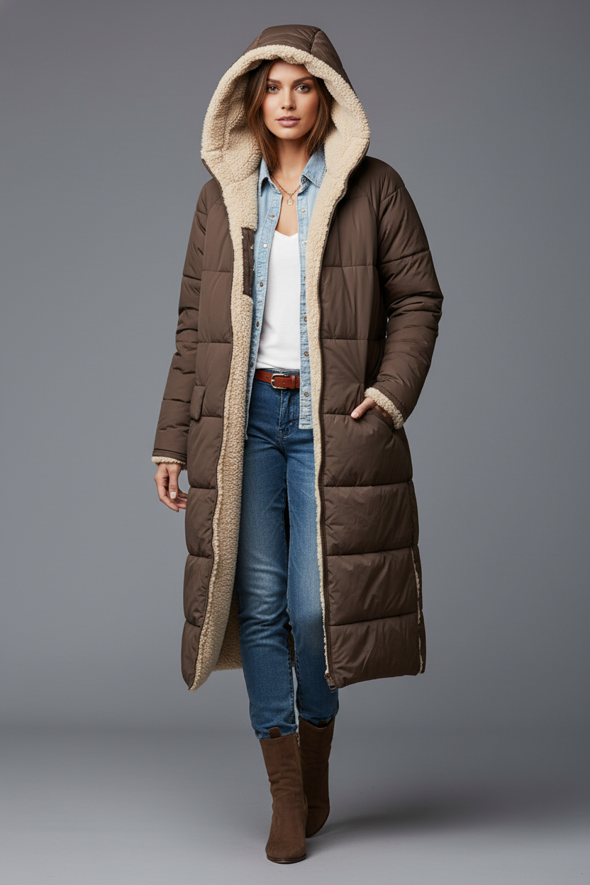 Damen langer Wintermantel – Bequemer, wendbarer Mantel mit Teddyfutter und Kapuze