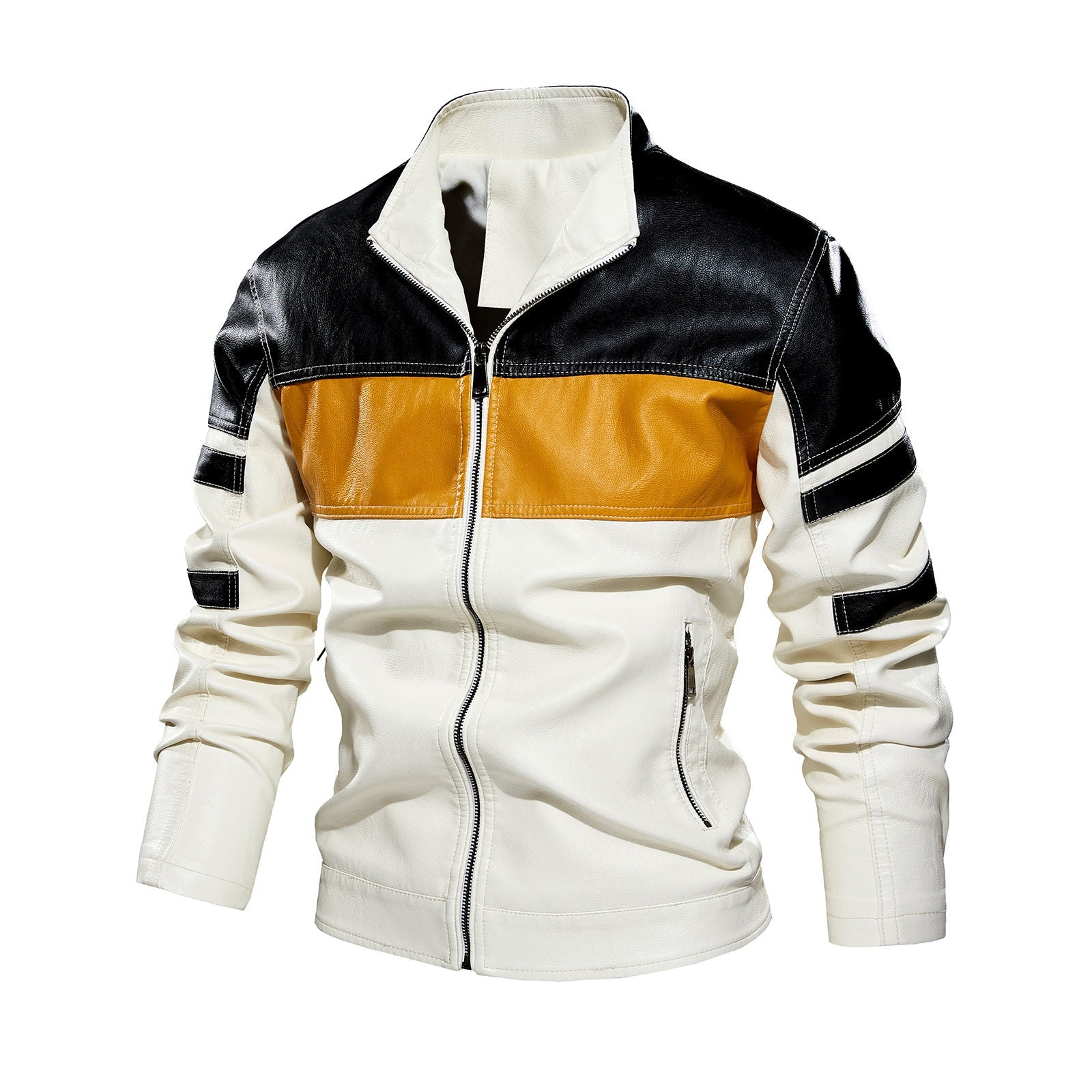Herren modische Bikerjacke aus Lederimitat mit kontrastierenden Farbpanelen