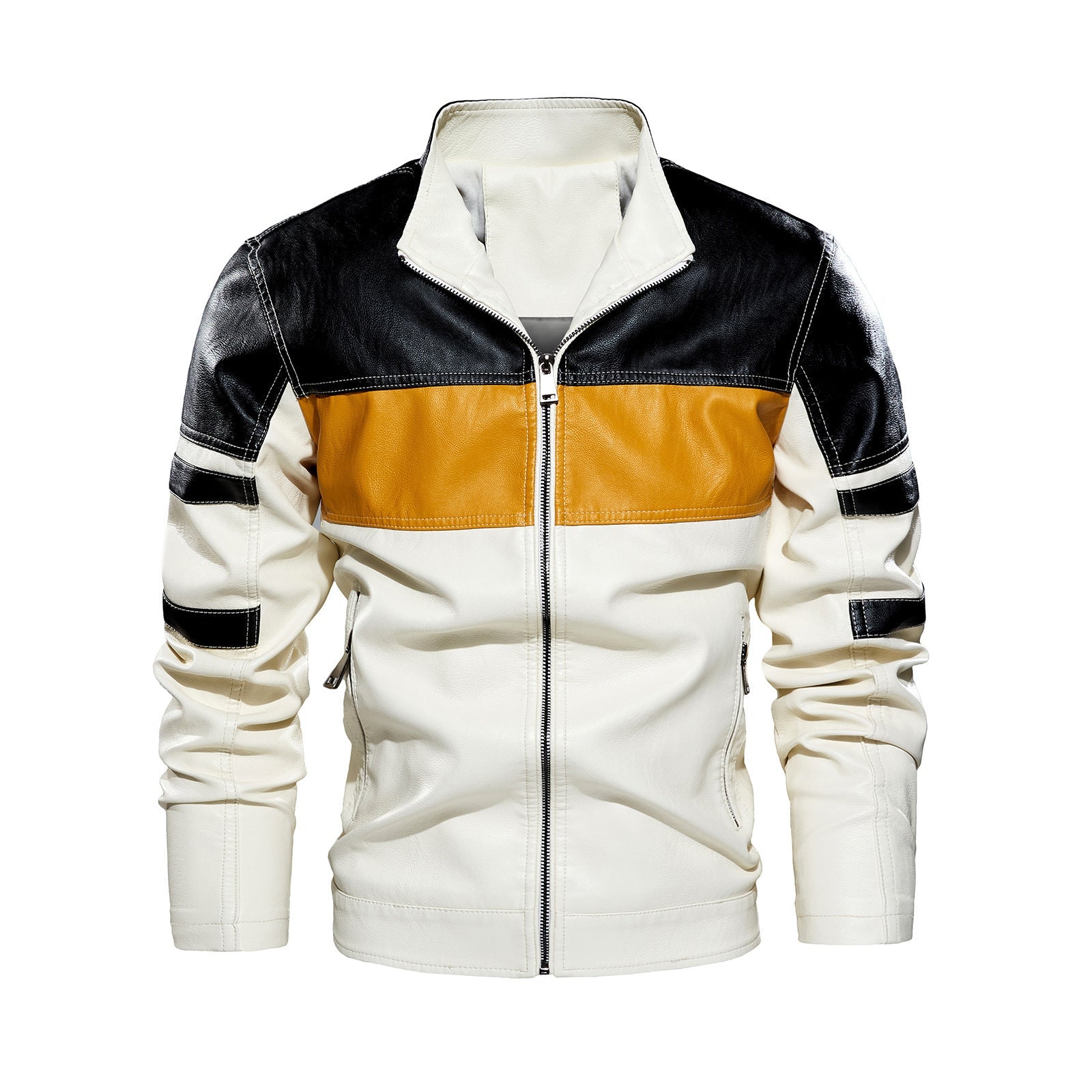 Herren modische Bikerjacke aus Lederimitat mit kontrastierenden Farbpanelen