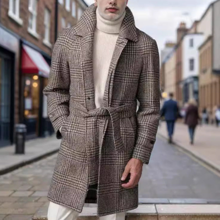 Herren Karomantel mit Taillengürtel – Eleganter Wollmantel für Herbst und Winter