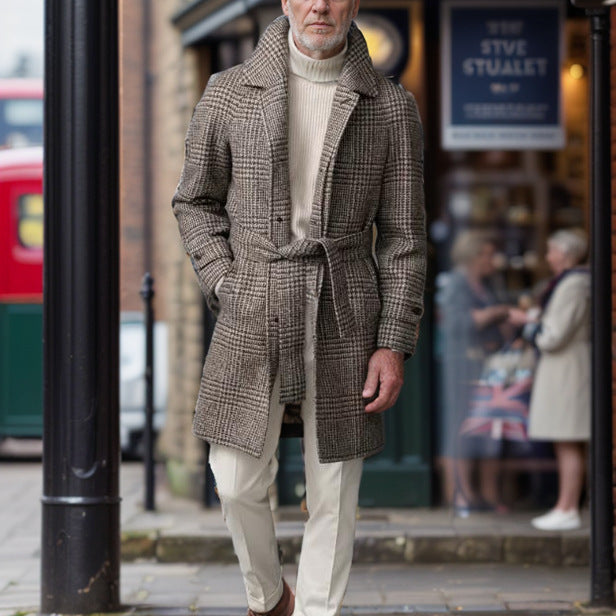 Herren Karomantel mit Taillengürtel – Eleganter Wollmantel für Herbst und Winter