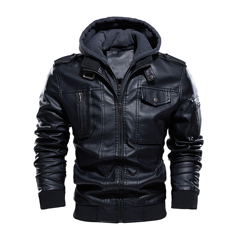 Herren Stilvolle und bequeme Lederjacke mit abnehmbarer Kapuze