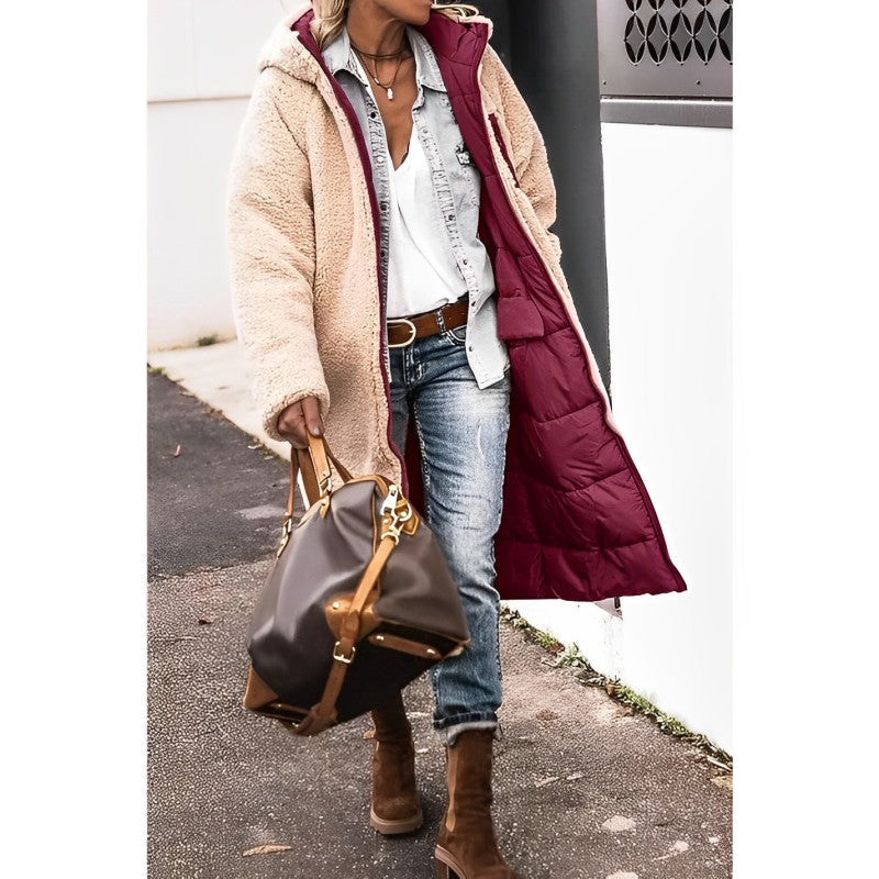 Damen langer Wintermantel – Bequemer, wendbarer Mantel mit Teddyfutter und Kapuze