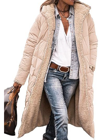 Damen langer Wintermantel – Bequemer, wendbarer Mantel mit Teddyfutter und Kapuze