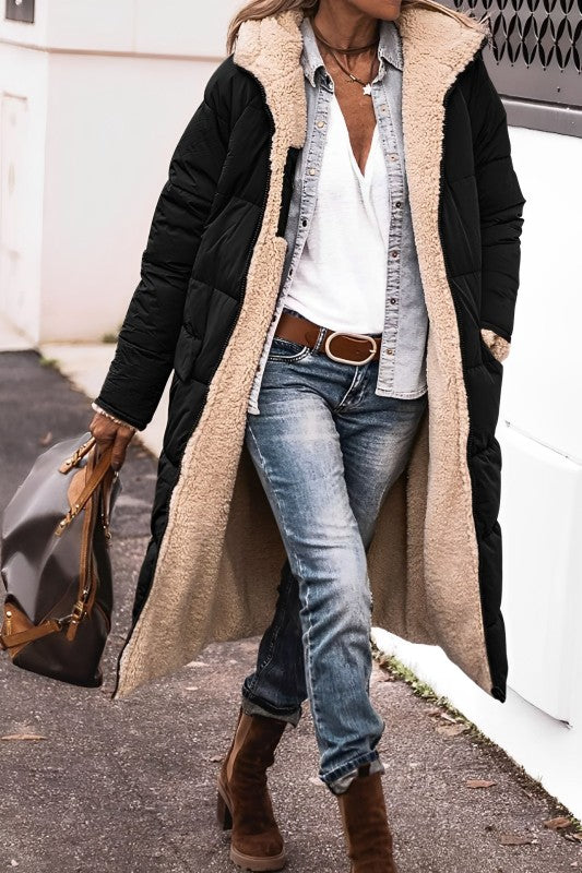 Damen langer Wintermantel – Bequemer, wendbarer Mantel mit Teddyfutter und Kapuze