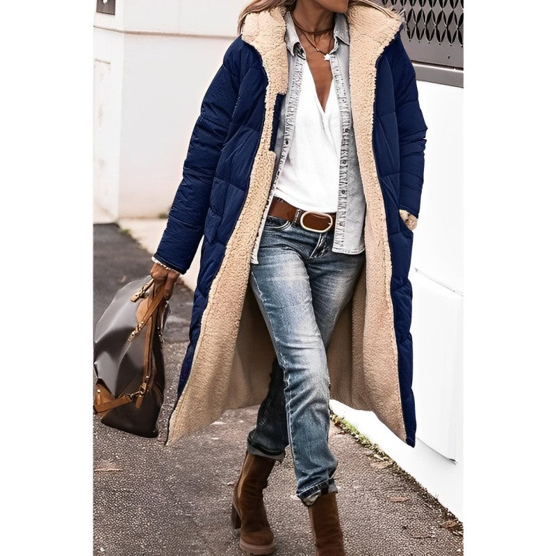 Damen langer Wintermantel – Bequemer, wendbarer Mantel mit Teddyfutter und Kapuze