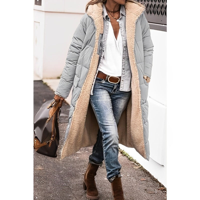 Damen langer Wintermantel – Bequemer, wendbarer Mantel mit Teddyfutter und Kapuze