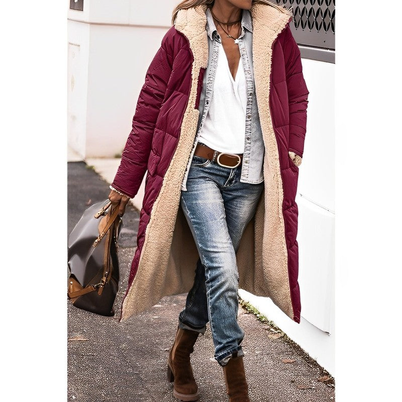 Damen langer Wintermantel – Bequemer, wendbarer Mantel mit Teddyfutter und Kapuze