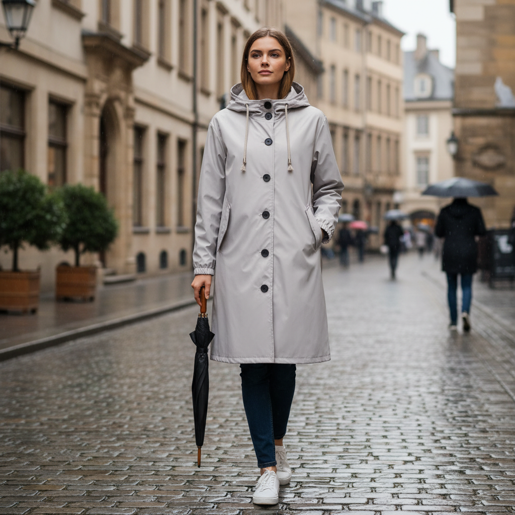 Damen Regenmantel mit Kapuze – Wasserdichte Outdoorjacke für stilvollen Wetterschutz