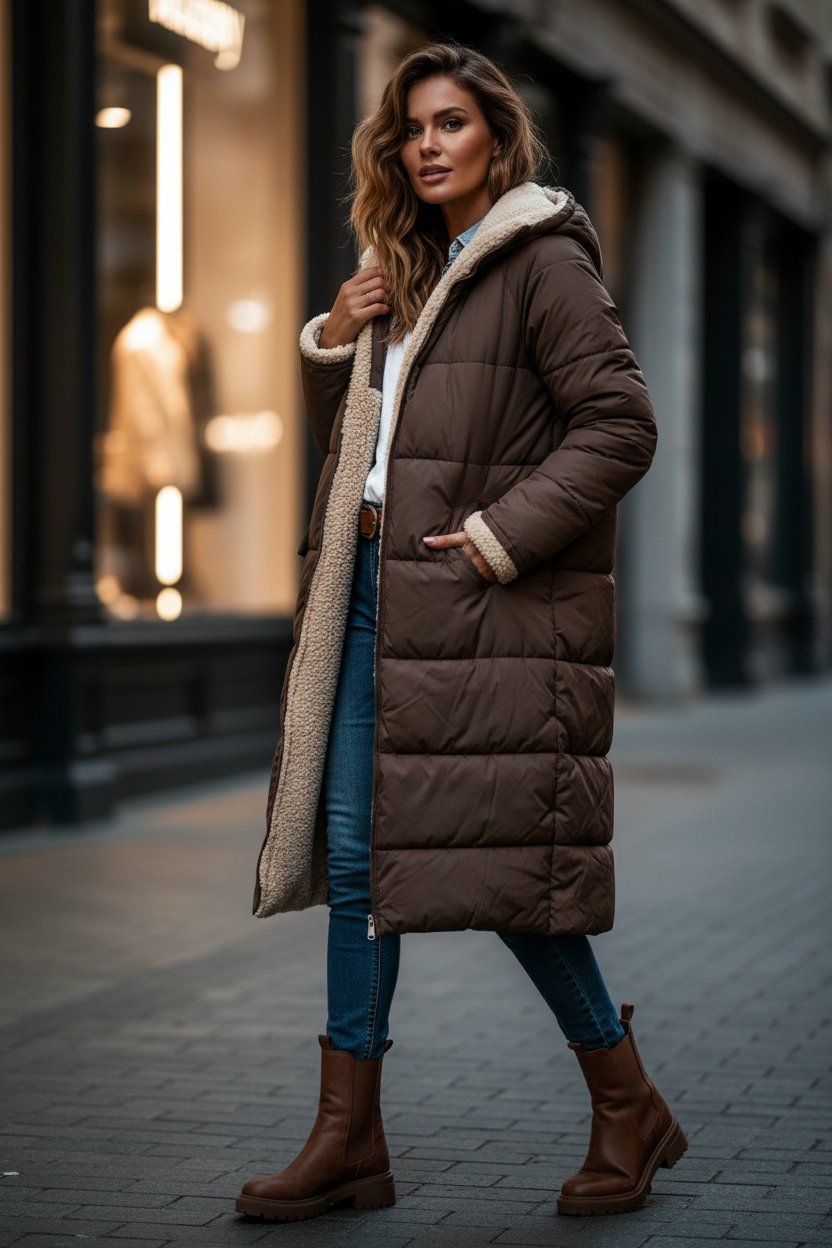 Damen langer Wintermantel – Bequemer, wendbarer Mantel mit Teddyfutter und Kapuze
