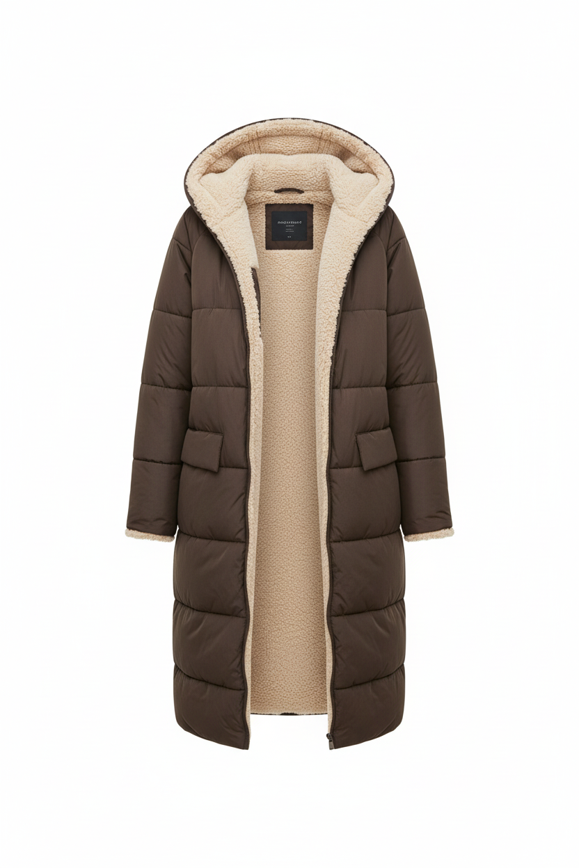 Damen langer Wintermantel – Bequemer, wendbarer Mantel mit Teddyfutter und Kapuze